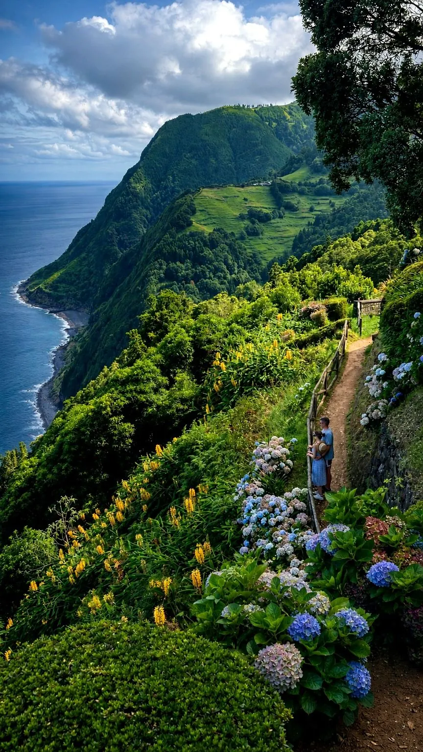 Miradouro Ponta do Sossego garden path with hydrangeas and ocean view, northeast São Miguel Island Azores