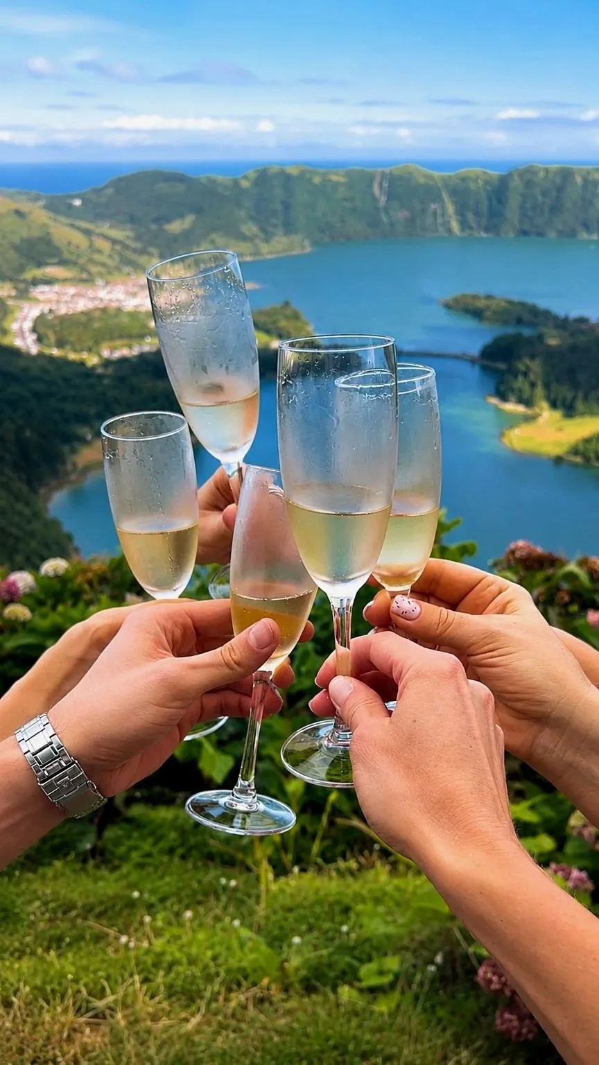 Champagne toast with glasses at Sete Cidades volcanic lake viewpoint, São Miguel Azores — farewell moment of hydrangea tour